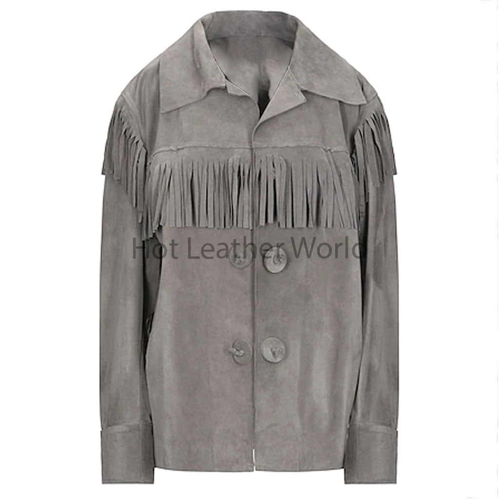 Elegant Grey Fringe Women Suede Leather Jacket