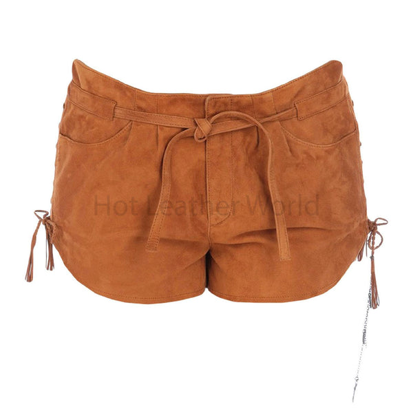 Stylish Brown Pull-On Style Laced Leather Shorts -  HOTLEATHERWORLD