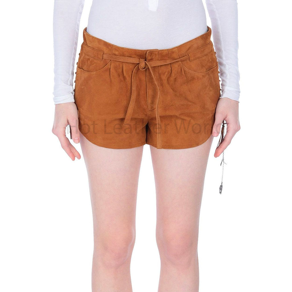 Stylish Brown Pull-On Style Laced Leather Shorts -  HOTLEATHERWORLD