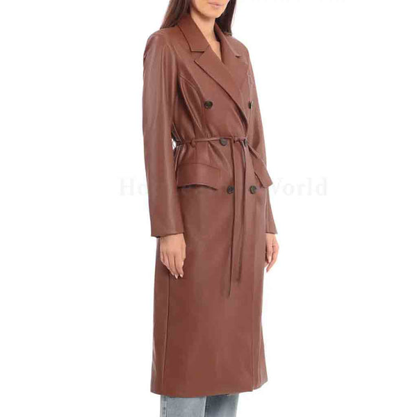 Classy Brown Double Breasted Women Leather Trench Coat -  HOTLEATHERWORLD