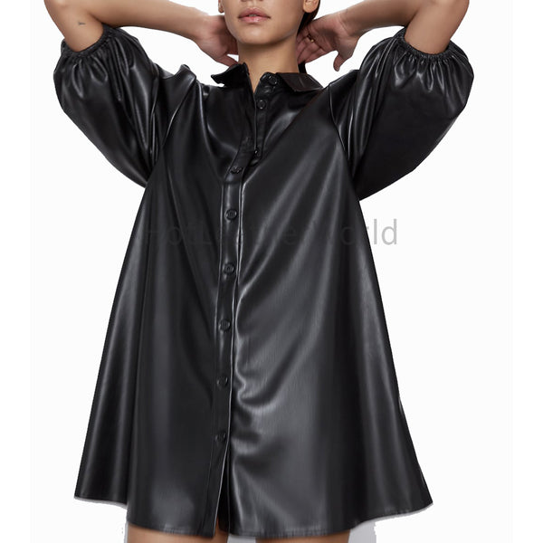 A-Line Collared Mini Leather Dress -  HOTLEATHERWORLD