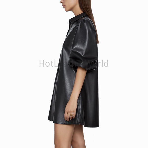 A-Line Collared Mini Leather Dress -  HOTLEATHERWORLD