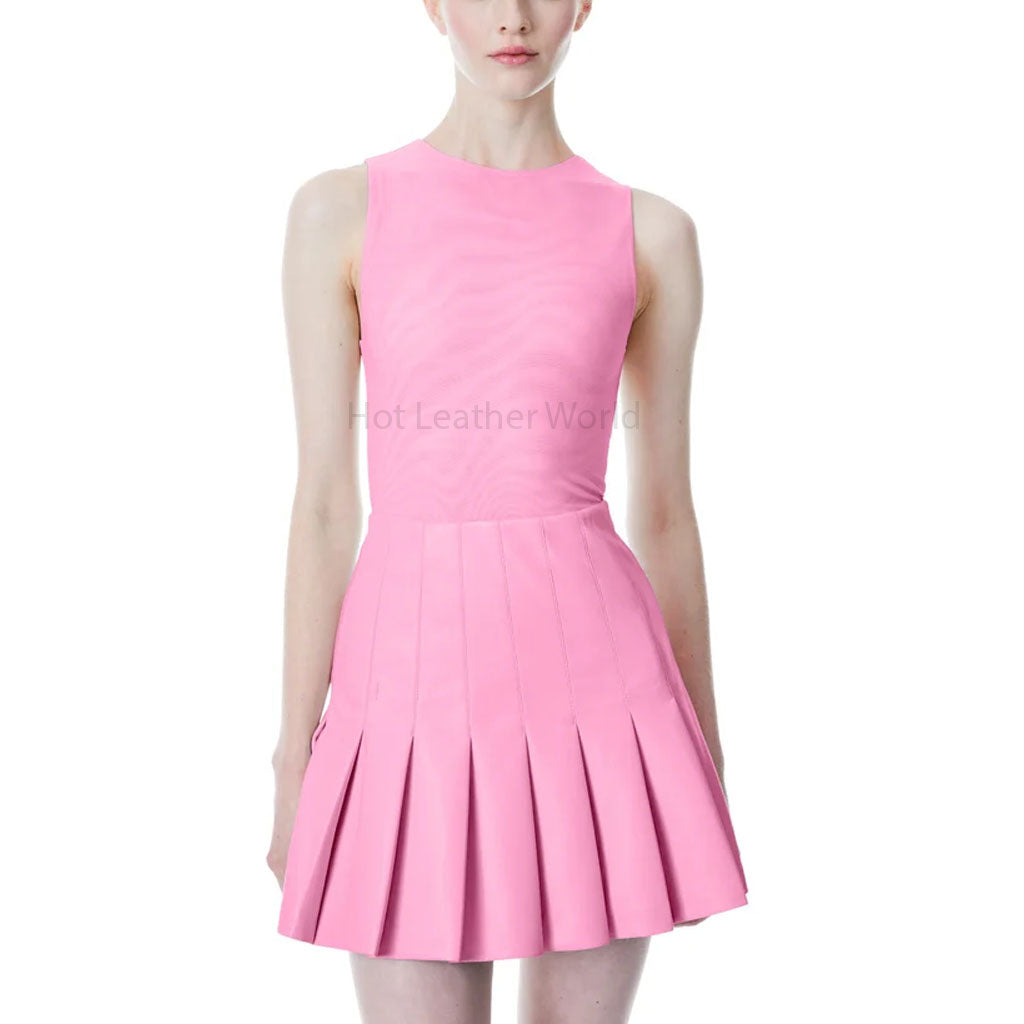 K -POP Inspired Women Pleated Hem Leather Mini Dress XS / BROWN
