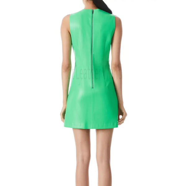 Neon Green A Line Women Mini Leather Dress -  HOTLEATHERWORLD