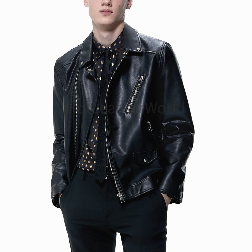 Notched Lapel Collar Black Leather Biker Jacket