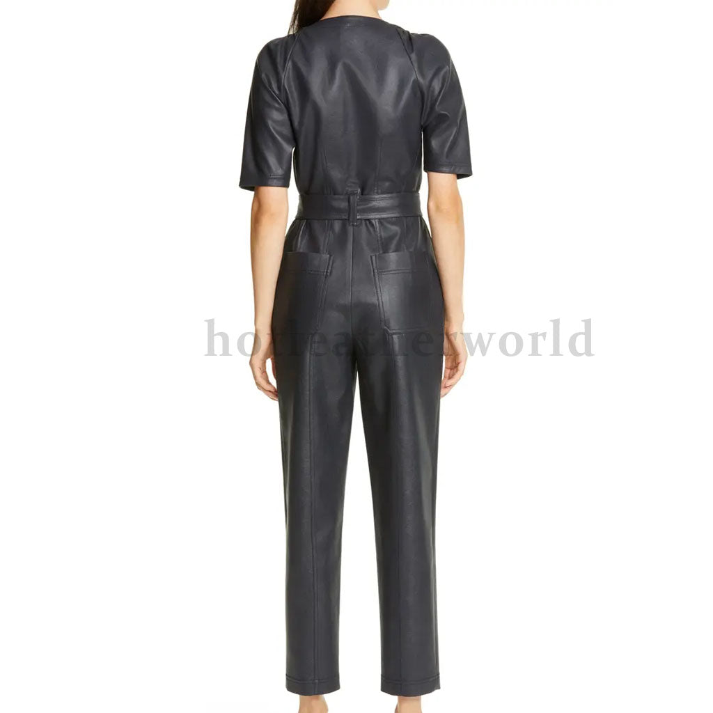 Basic Black Slim Fit Minimal Men Leather Jumpsuit