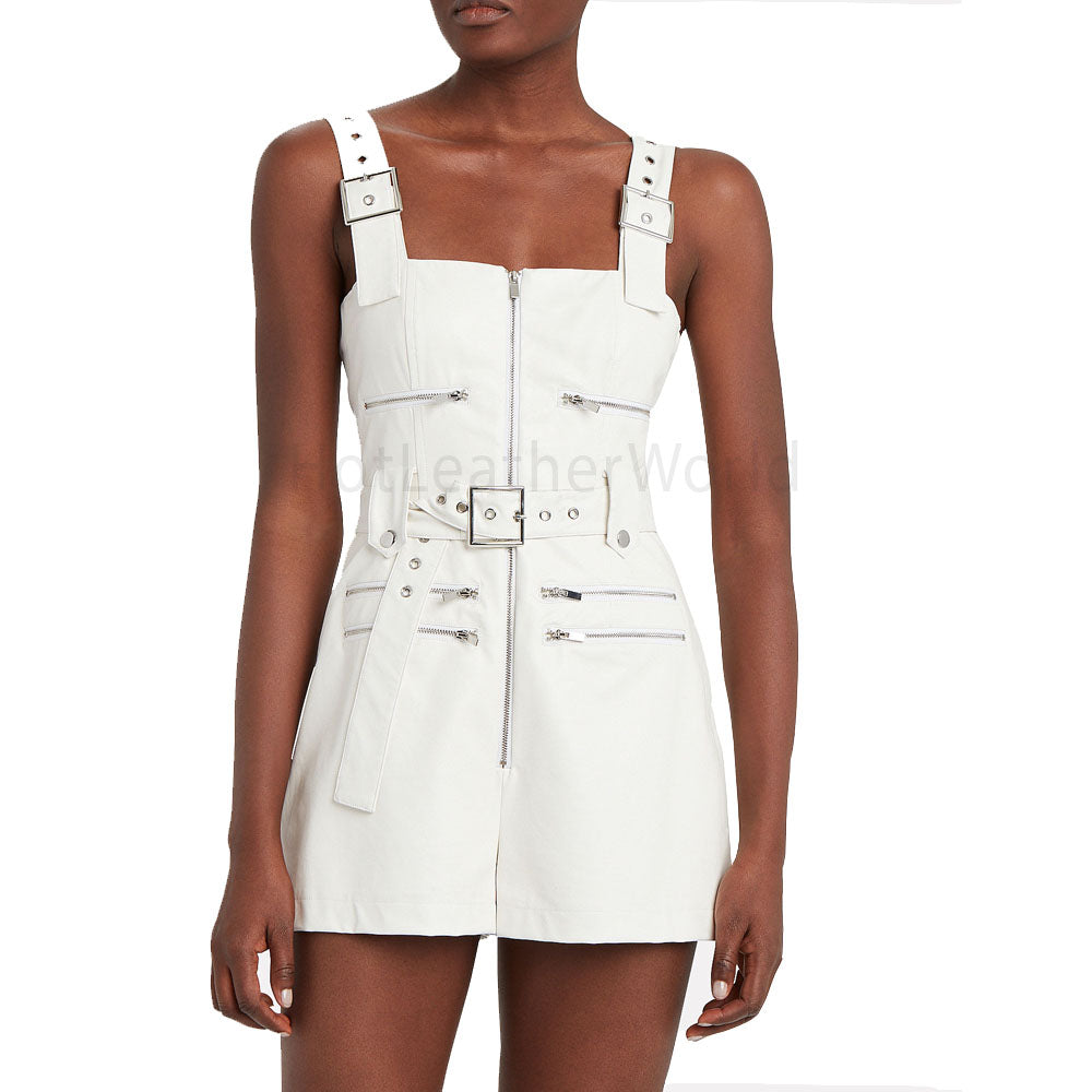 Adjustable Buckle Straps White Leather Jumpsuit | HOTLEATHERWORLD