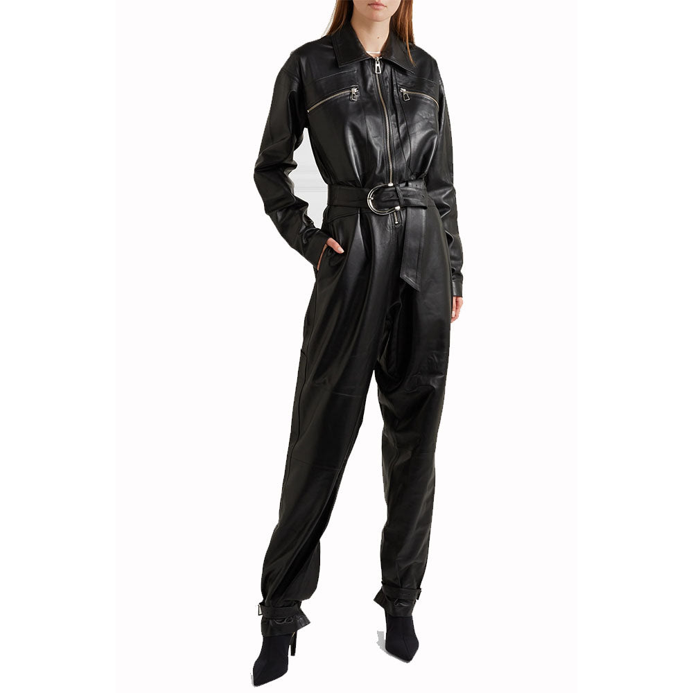 Classic Collar Zipper Detailing Women Leather Jumpsuit
