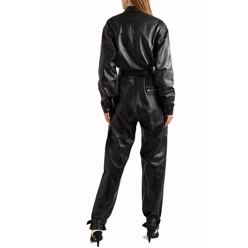 Classic Collar Zipper Detailing Women Leather Jumpsuit