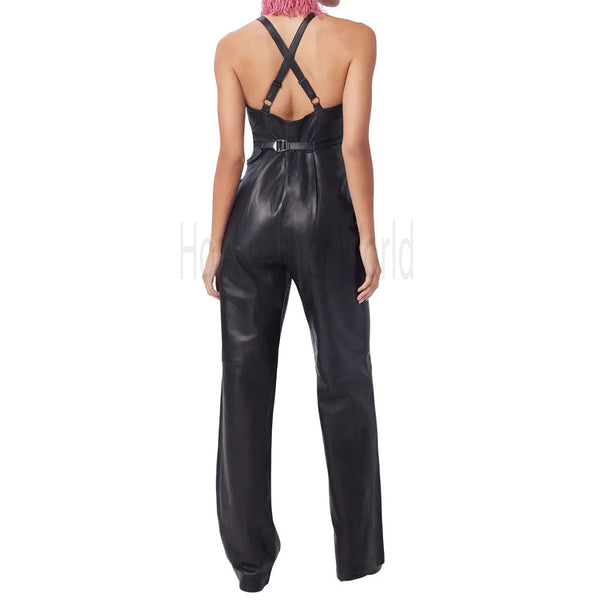 Stylish Black Straight Leg Women Hot Leather Jumpsuit -  HOTLEATHERWORLD