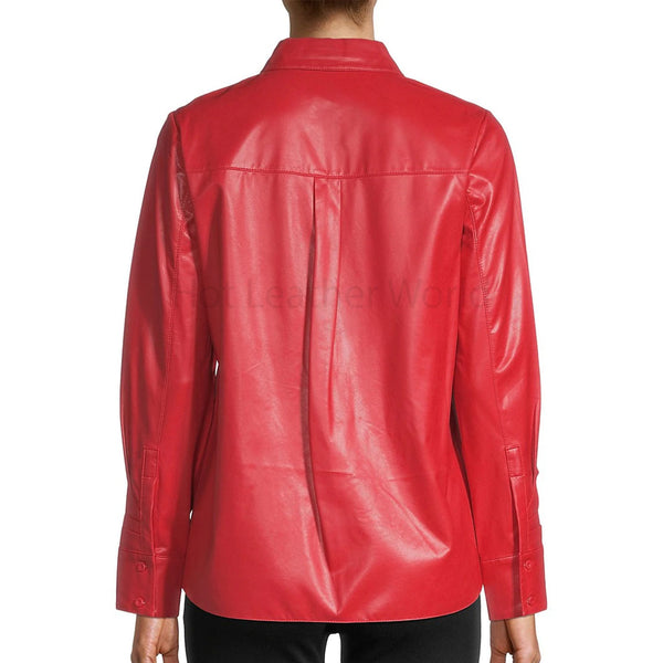 Minimal Red Button Down Women Genuine Leather Shirt -  HOTLEATHERWORLD