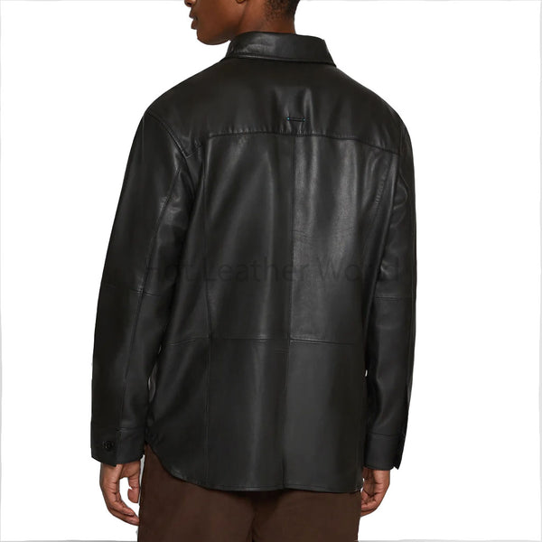 Stylish Black Patch Pockets Detailed Men Leather Shirt -  HOTLEATHERWORLD