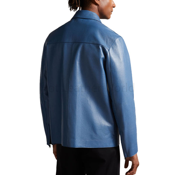 Classic Blue Zip Up Men Genuine Leather Shirt -  HOTLEATHERWORLD