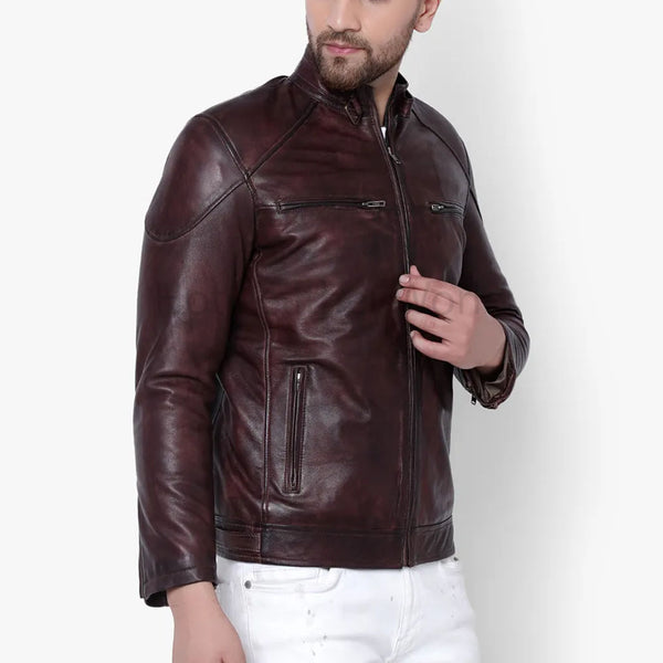 Burgundy Multi Zip Pockets Men Leather Jacket -  HOTLEATHERWORLD
