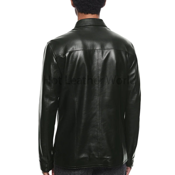 Solid Black Button Down Men Leather Shirt -  HOTLEATHERWORLD