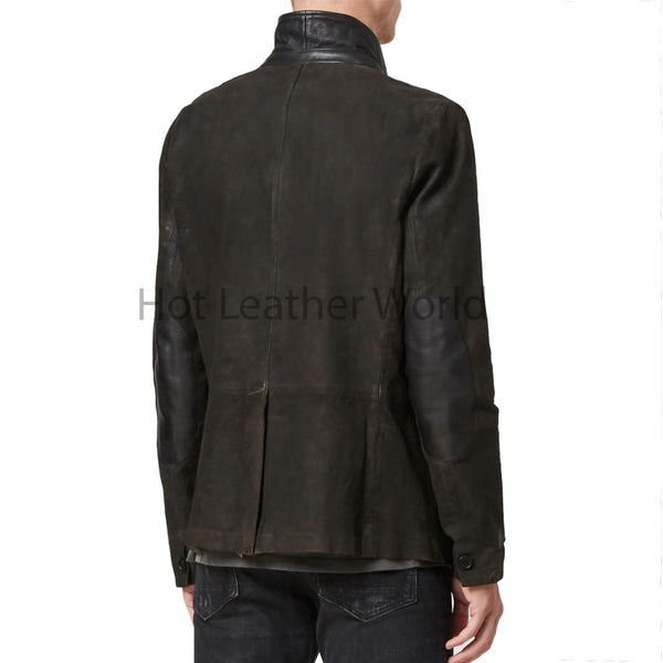 Stylish Grey High Neck Button Up  Suede Leather Jacket -  HOTLEATHERWORLD