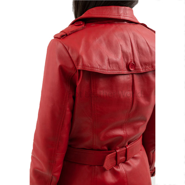 Hot Red Double Breasted Women Leather Trench Coat -  HOTLEATHERWORLD