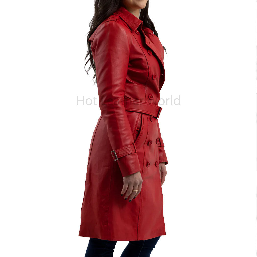 Hot Red Double Breasted Women Leather Trench Coat Hotleatherworld 4946