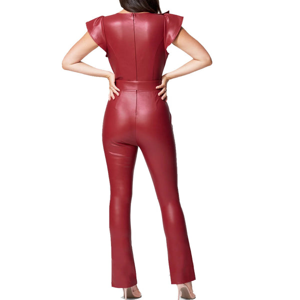 HotLeatherWorld Ruffle Detailed Front Cap Sleeves Women Leather Jumpsuit -  HOTLEATHERWORLD