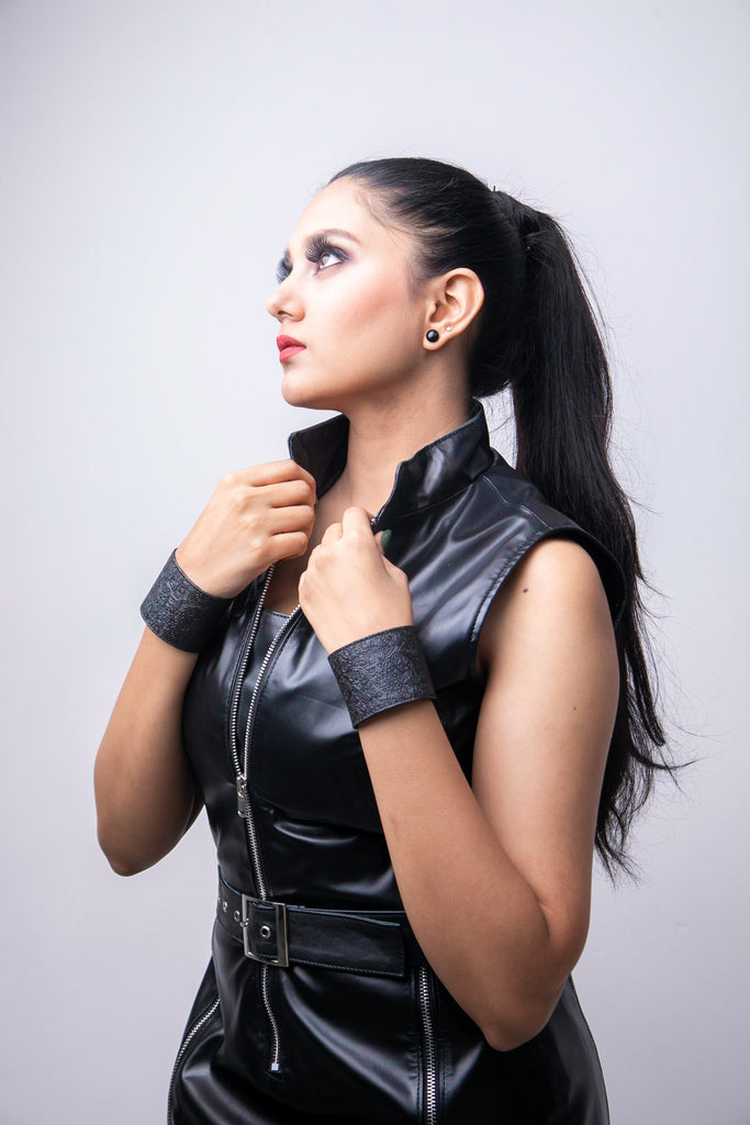 high neck leather dress MissPap Women's Faux Leather High Neck Moulded Waist Mini Dress in Black