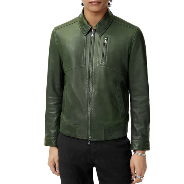 Men Aviator Green Genuine Leather Jacket