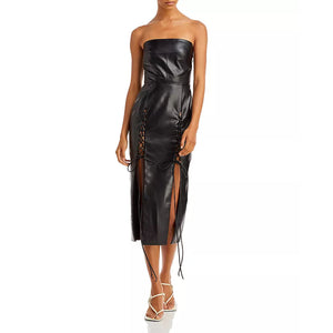 Solid Black Laced Strapless Women Summer Leather Dress -  HOTLEATHERWORLD