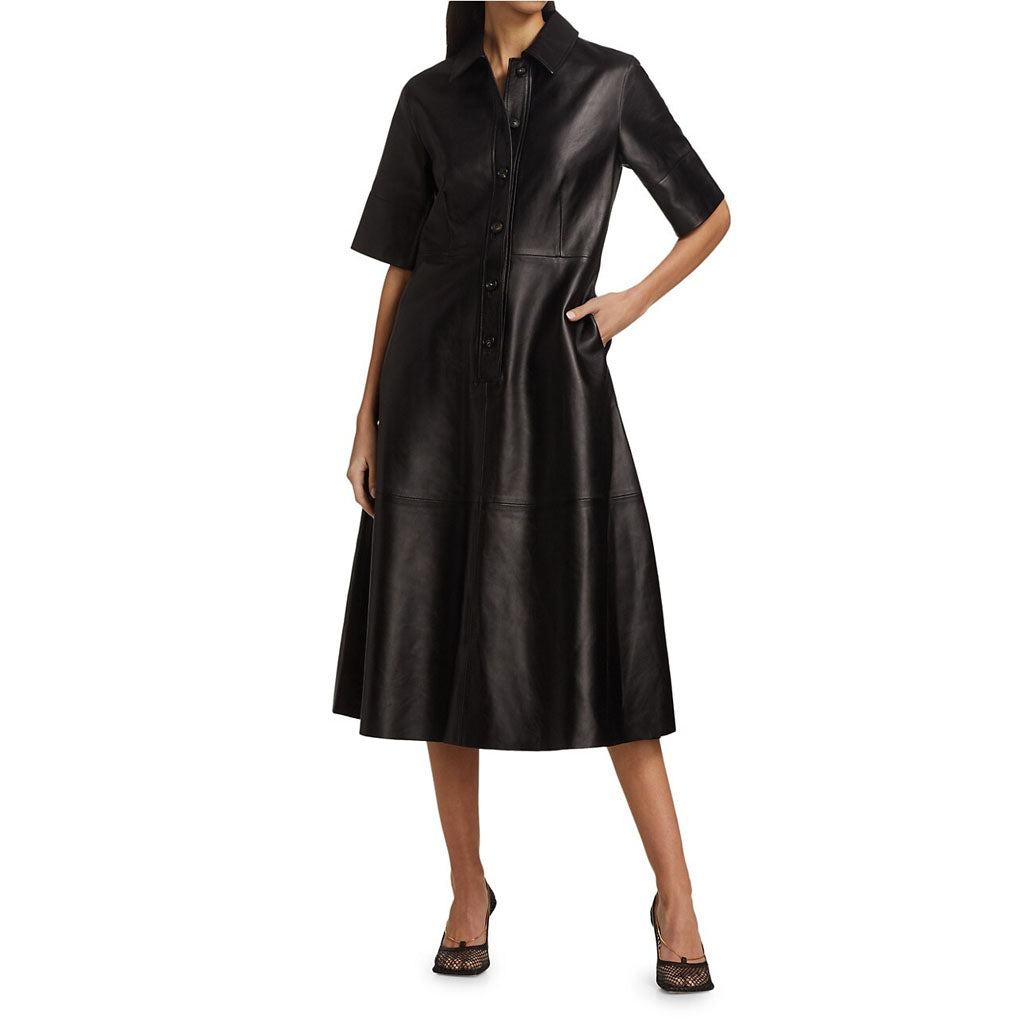 Solid Black Button Down Midi Leather Shirt Dress Fall 2023 L / SAME AS PICTURE Solid Black Button Down Midi Leather Shirt Dress Fall 2023 L / SAME AS PICTURE