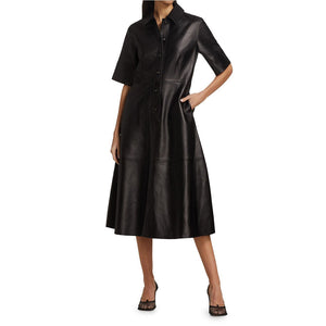 Solid Black Button Down Midi Leather Shirt Dress Fall 2023 -  HOTLEATHERWORLD
