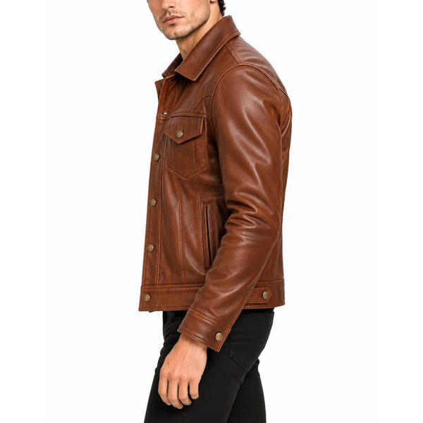 The Nomad Men's Cognac Brown Leather Trucker Jacket