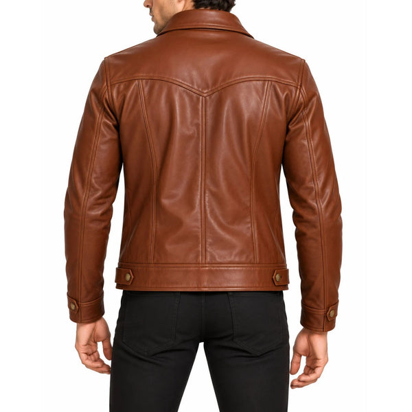 The Nomad Men's Cognac Brown Leather Trucker Jacket
