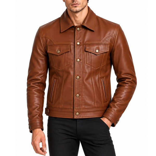 The Nomad Men's Cognac Brown Leather Trucker Jacket