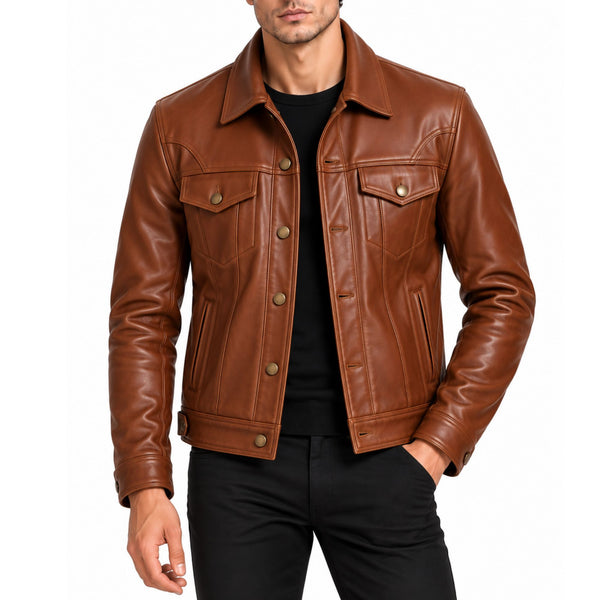 The Nomad Men's Cognac Brown Leather Trucker Jacket