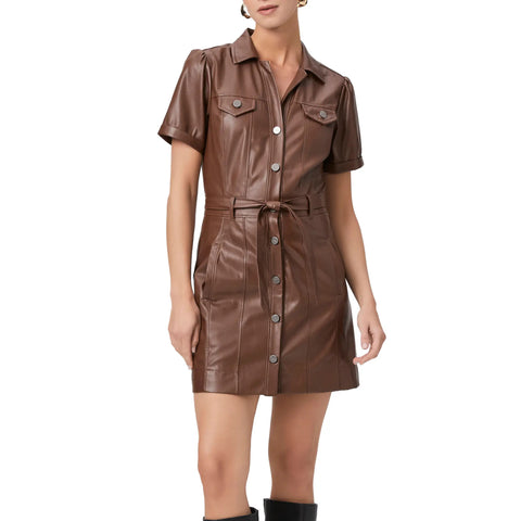 Button Fastening Front Mini Leather Shirt Dress