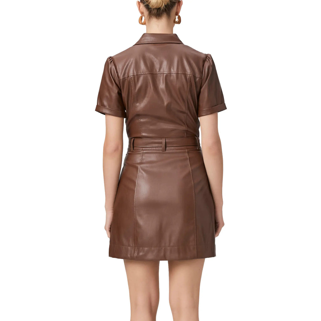 Button Fastening Front Mini Leather Shirt Dress Xs / Chocolate Brown Button Fastening Front Mini Leather Shirt Dress Xs / Chocolate Brown