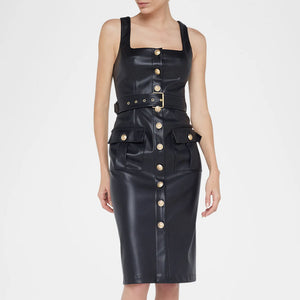 Button Fastening Sleeveless Faux Leather Dress