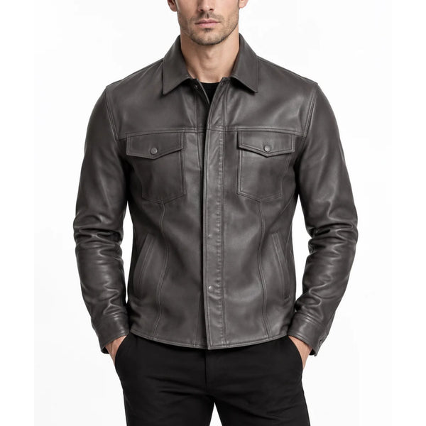 The Slate Men's Charcoal Grey Genuine Leather Shirt Jacket