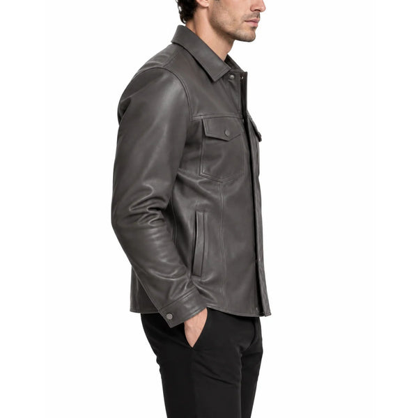 The Slate Men's Charcoal Grey Genuine Leather Shirt Jacket