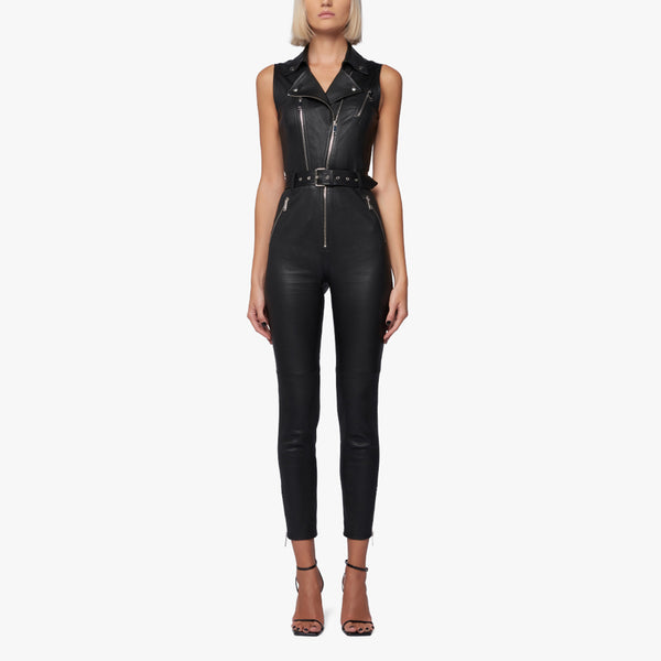 Collared Sleeveless Women Fitted Genuine Leather Jumpsuit