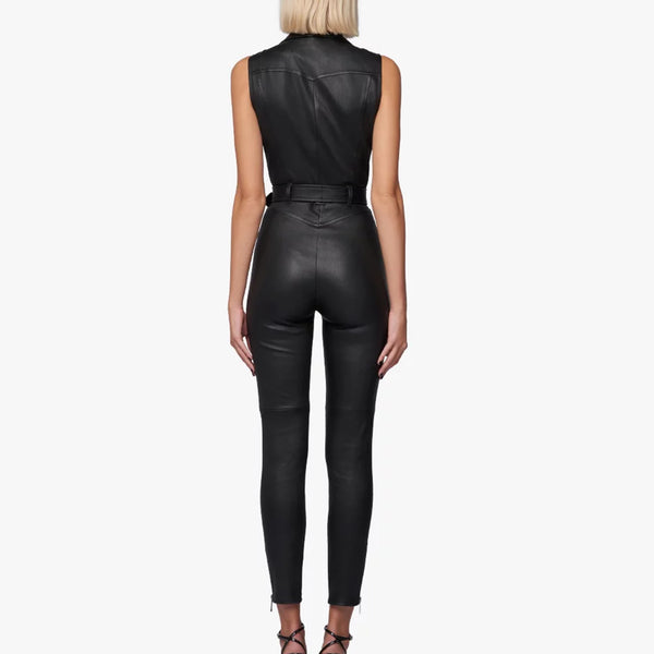 Collared Sleeveless Women Fitted Genuine Leather Jumpsuit