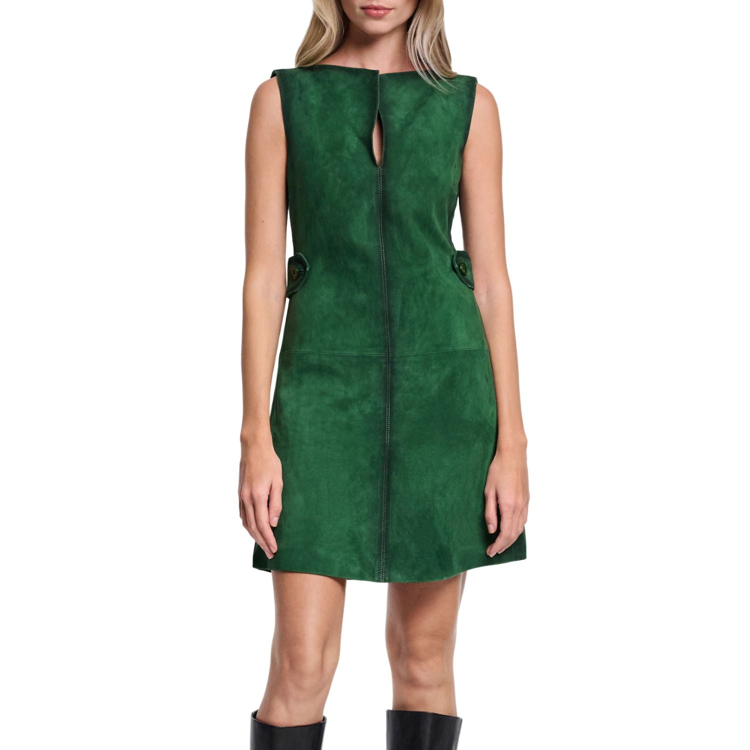 Contrast Edges Women Green Suede Dress