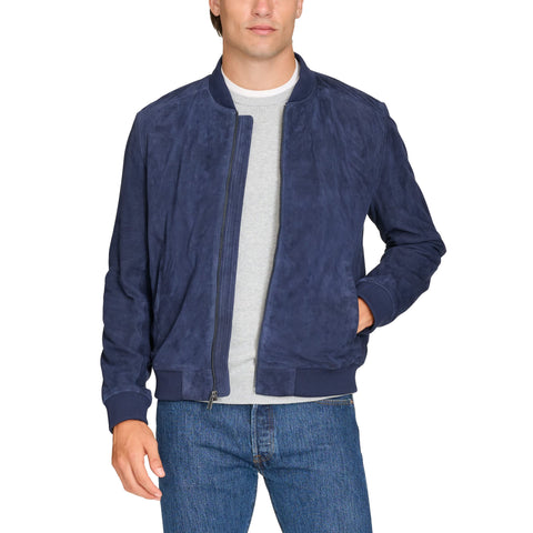 Front Zipper Closure Blue Suede Men Bomber Jacket