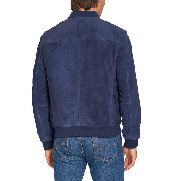 Front Zipper Closure Blue Suede Men Bomber Jacket