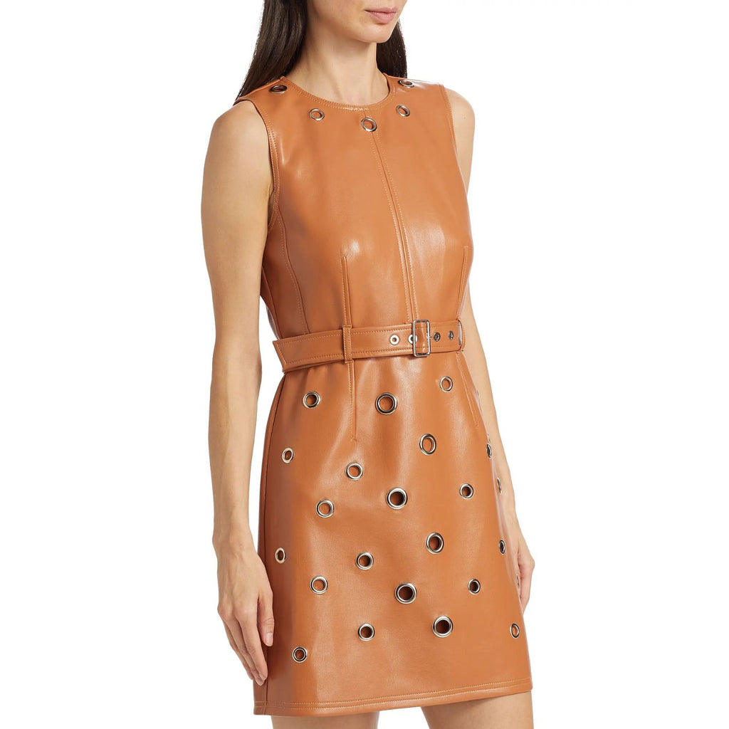 Grommet Detailed Women Sleeveless Leather Mini Dress L / Black Grommet Detailed Women Sleeveless Leather Mini Dress L / Black