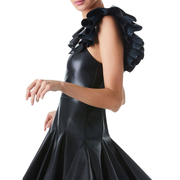Solid Black Ruffle Detailed Flared Mini Summer Leather Dress -  HOTLEATHERWORLD