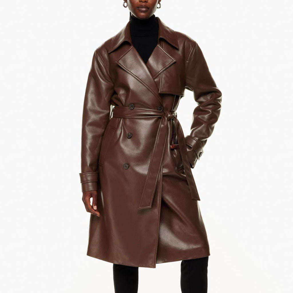 Coffe Brown Women Leather Trench Coat For Mothers Day -  HOTLEATHERWORLD