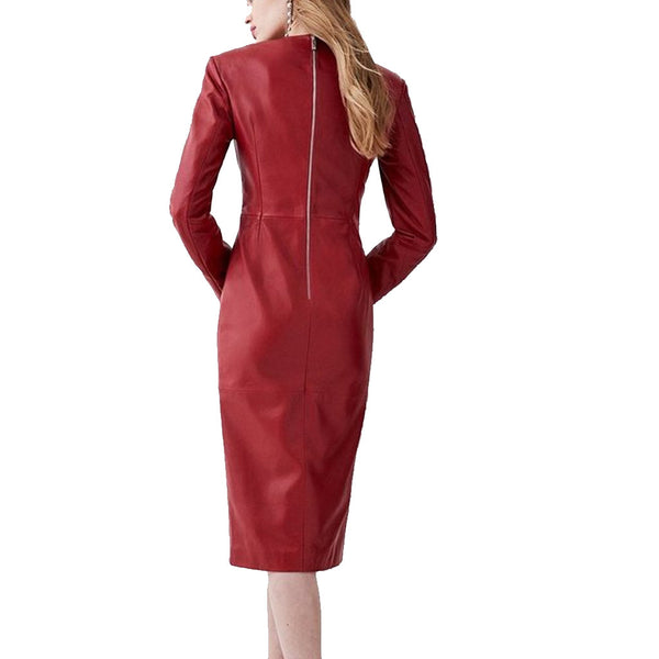 Red Corset Detailed Pencil Women Midi Leather Dress -  HOTLEATHERWORLD