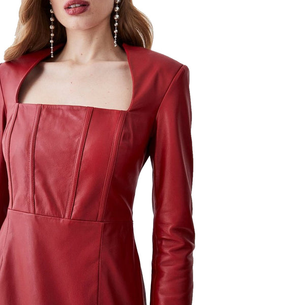 Red Corset Detailed Pencil Women Midi Leather Dress -  HOTLEATHERWORLD