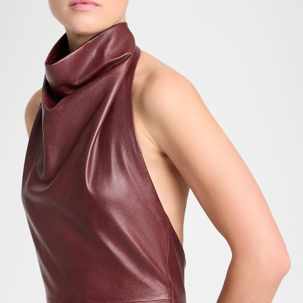 Sleek Red Leather Halter Dress