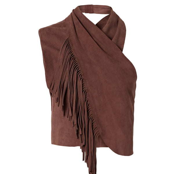 Halter neck Fringe Detailed Suede Spring Summer 25 Top