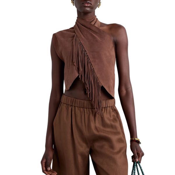 Halter neck Fringe Detailed Suede Spring Summer 25 Top